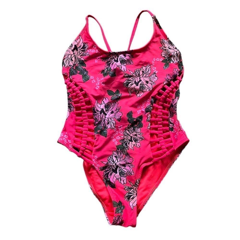 TiniBikini Floral Laced Up Sides Detailed One-Piece Swimsuit Red Size XS